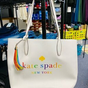Kate Spade White Tote with Rainbow Tassel